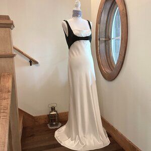 ABS Allen Schwartz White Satin/Black Bead Bodice Formal Gown